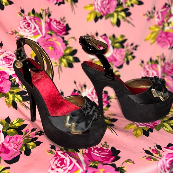 Sam Edelman pinup black satin bow platform heels 9.5 nib sexy pinup vixen kitten - Picture 8 of 17